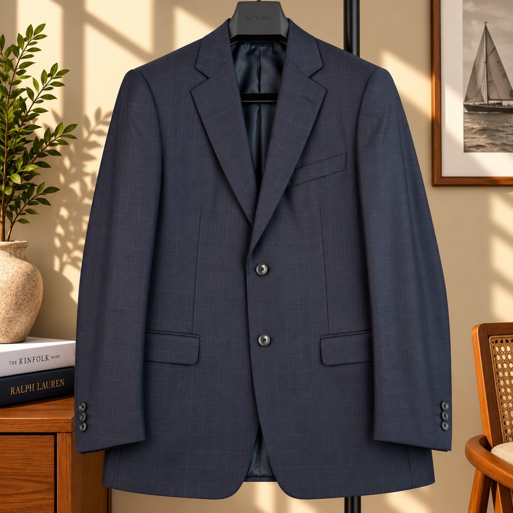 Ermenegildo Zegna Traveller Blazer Men's 40R Navy Windowpane Subtle Wool Suiting